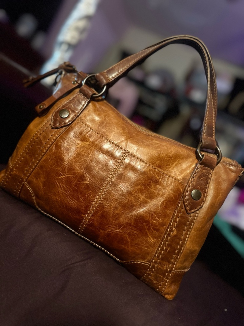 Frye Cognac Brown distressed Leather Shoulder Bag with Ring Hardware send offers